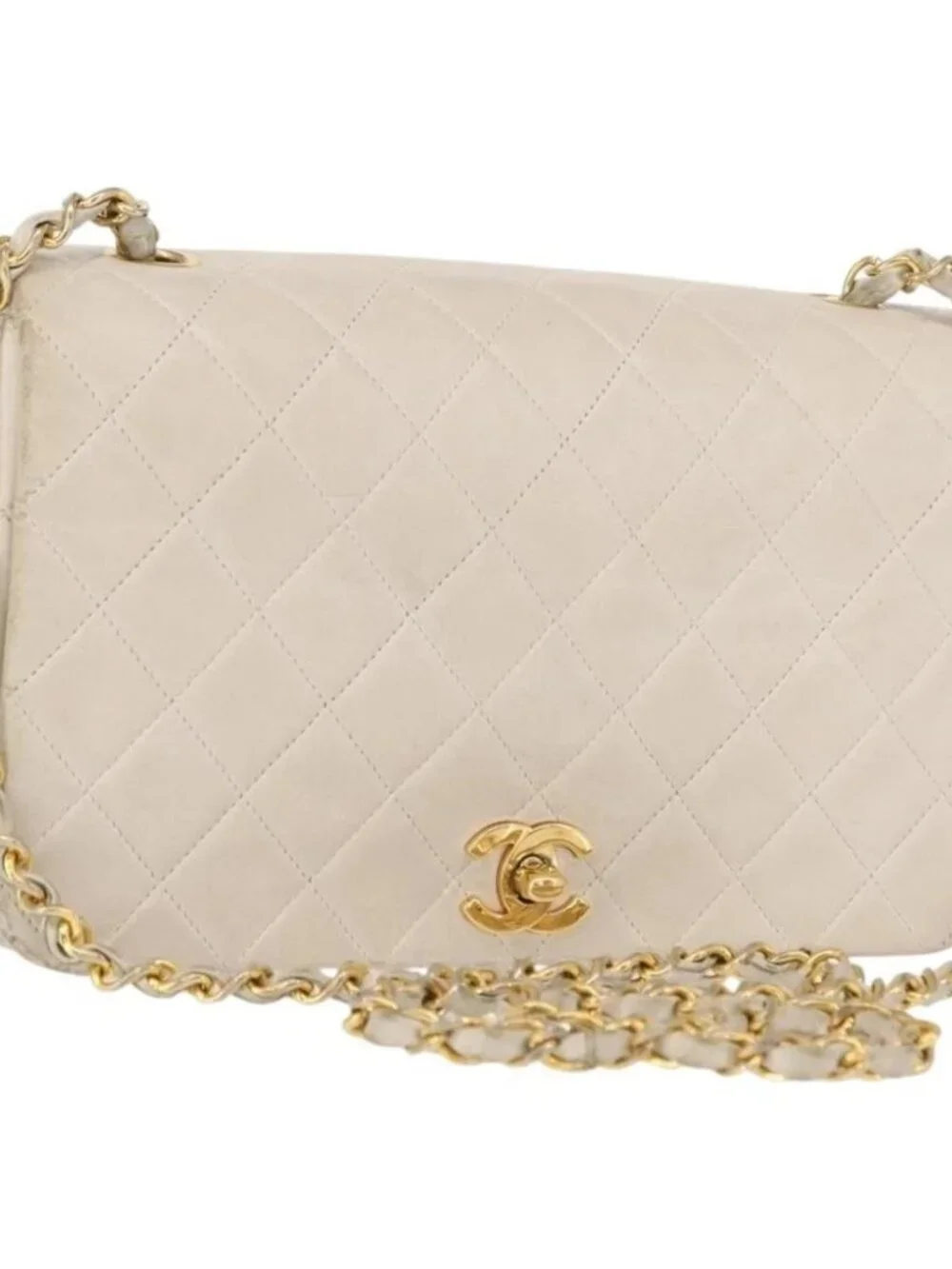CHANEL Matelasse Turn Lock Chain Bag Lamb Skin White Gold CC Auth am10500